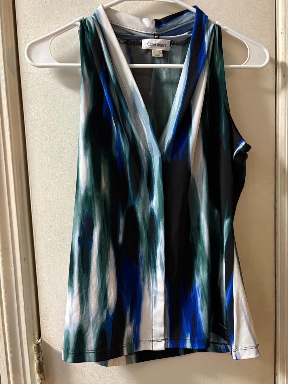 Calvin Klein Blue, Green & White Abstract V-Neck Sleeveless Top size S